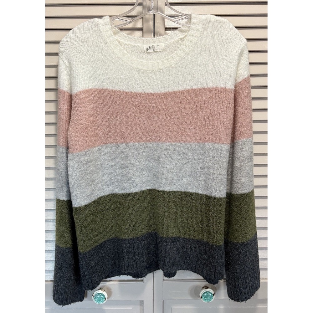H&M Striped Pink/Green Knit Pull Over Sweater Size 20 Long Sleeve Soft Round
